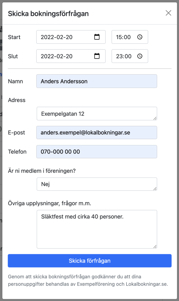 Exempel på anpassat bokningsformulär